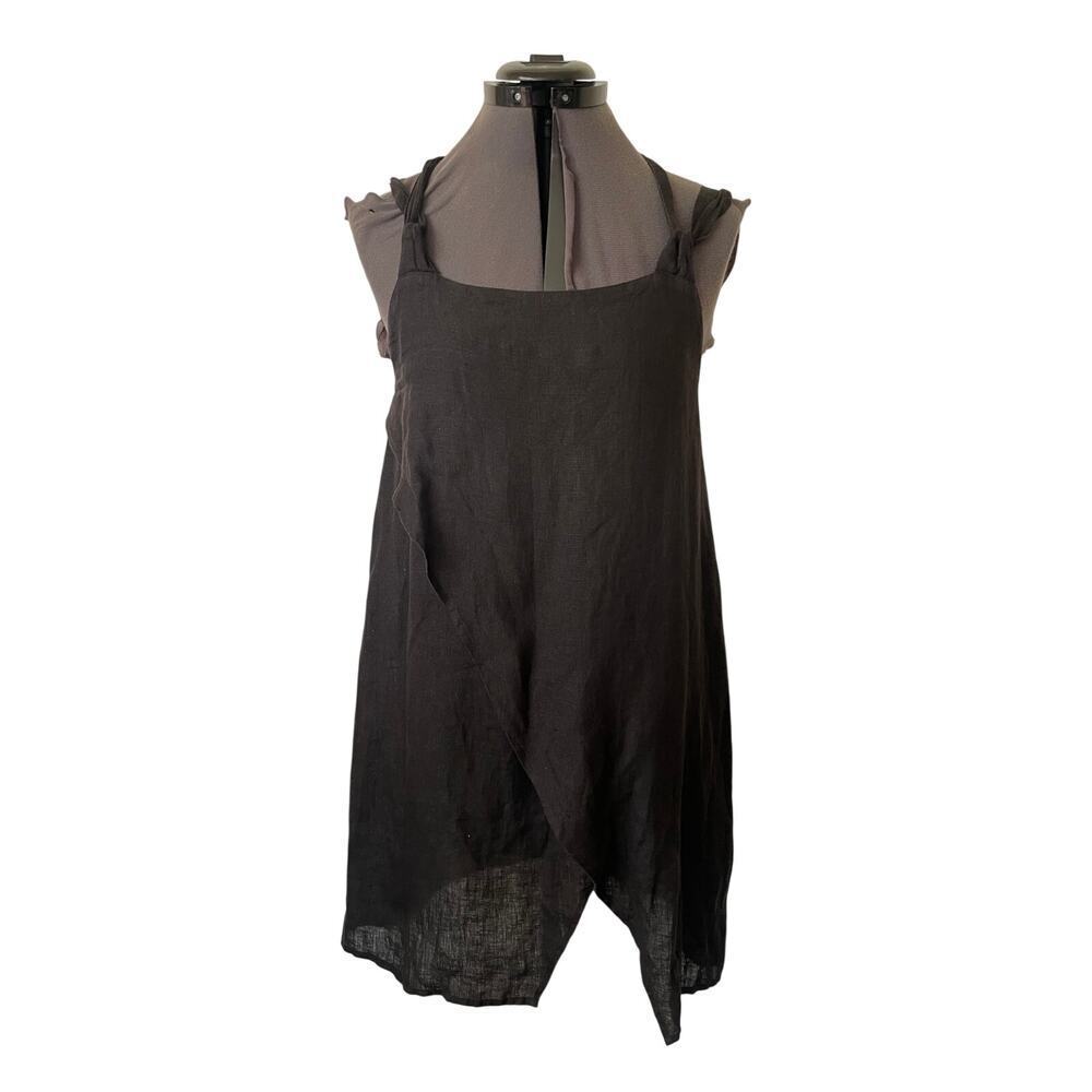 Rotunda Black 100% Linen Pullover Halter Petal Hem Dress • Minimalist • Size S